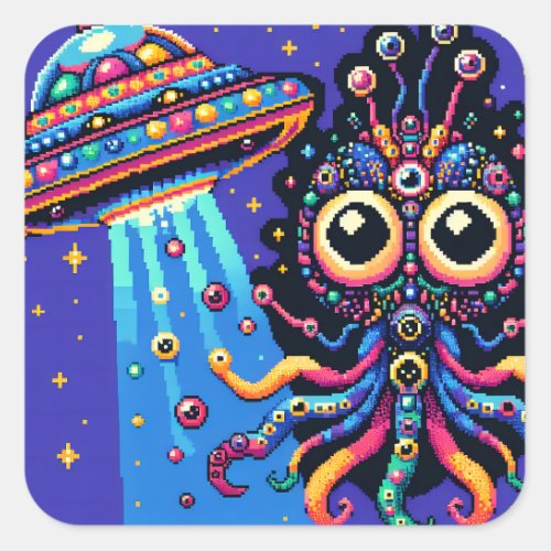 UFO and Alien Pixel Art Square Sticker