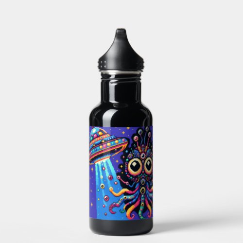 UFO and Alien Pixel Art Water Bottle