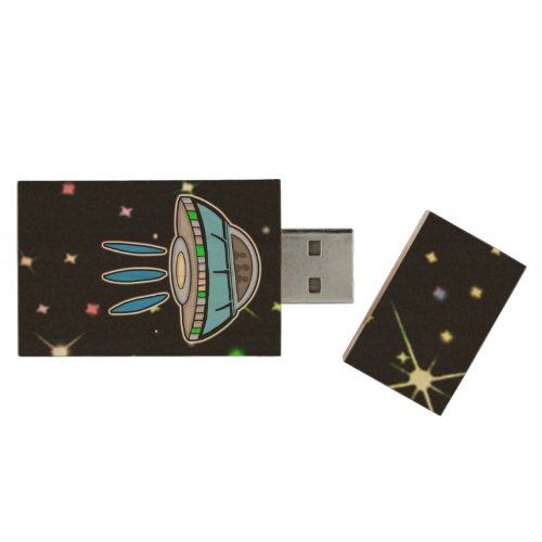 UFO and Aliens Beaming Down on a Star filled Night Wood Flash Drive