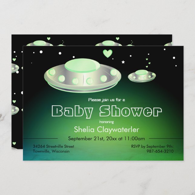 UFO and Baby UFO Green | Baby Shower Card (Front/Back)