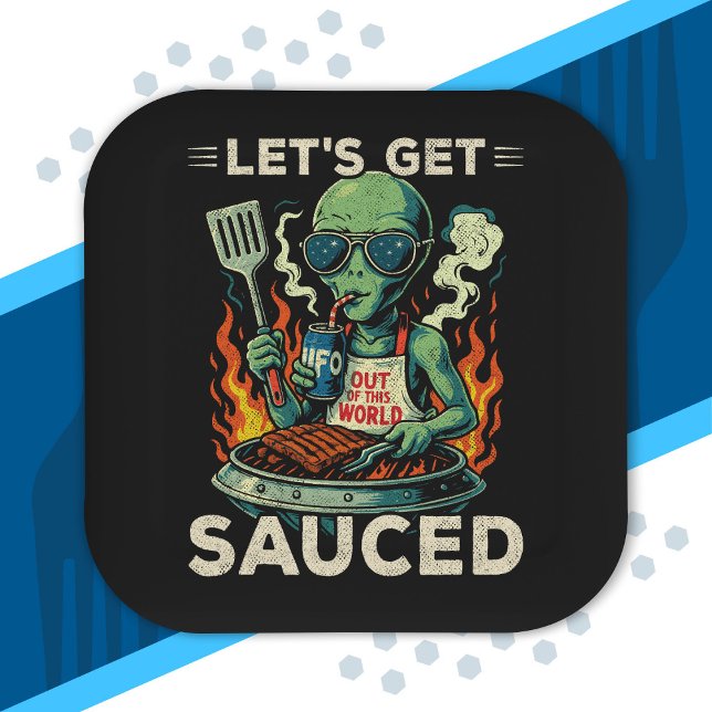 UFO BBQ Grill Cookout Let's Get Sauced Funny Alien Paper Plates (Creator Uploaded)