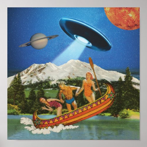 UFO Canoe Trip Mountains Surreal Collage Poster