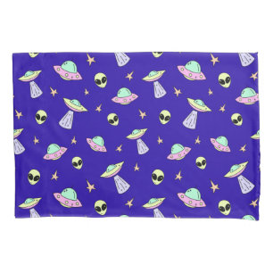 🛸 UFO Cosmic Glow 👽 Alien Faces & Stars Blue  Pillow Case