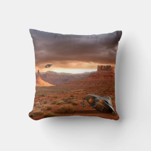 UFO Crash in the Desert with Alien Awaiting Rescue Throw Pillow