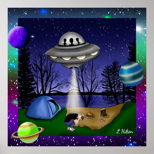 UFO Extraterrestrial Abduction Alien with Planets Poster