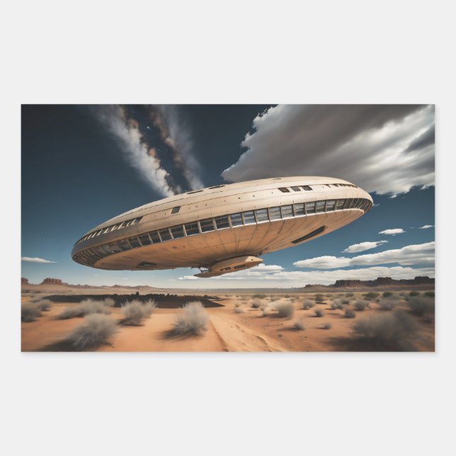 UFO Flying Over Desert Rectangular Sticker (Front)