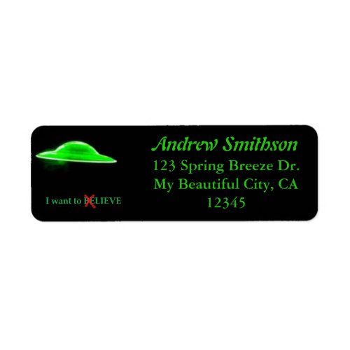 UFO Flying Saucer Green Black Text Funny Humorous Label