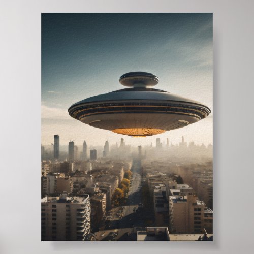 UFO flying saucer over the city Poster