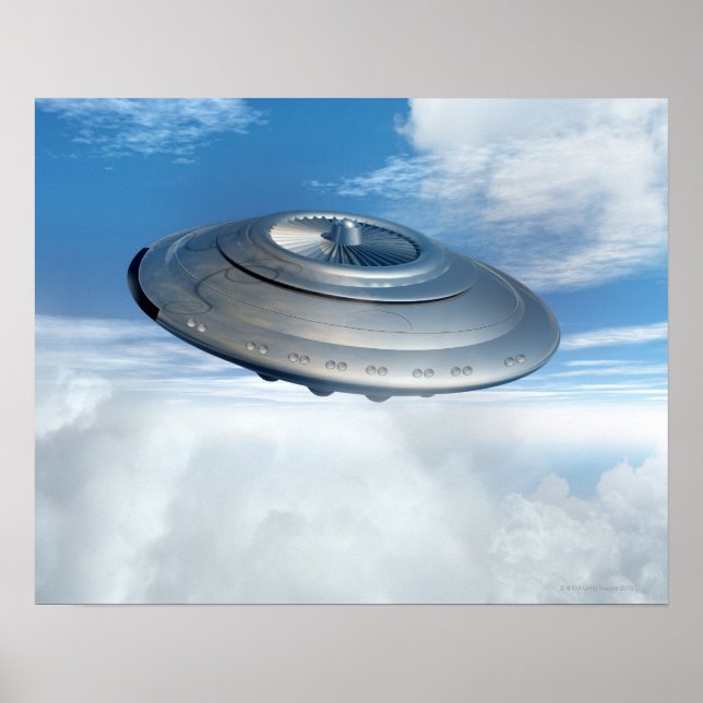 UFO flying through cloudy skies. Poster (Front)