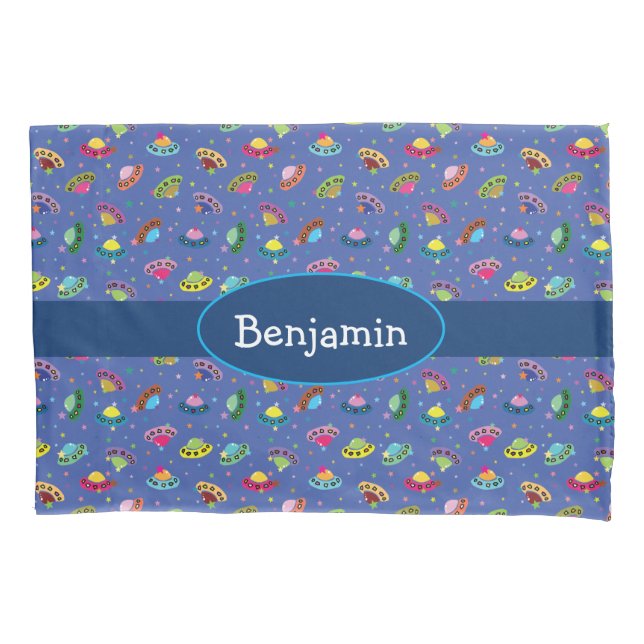 UFO Flying Whimsical Cartoon Spaceship Pattern Pillow Case (Front)