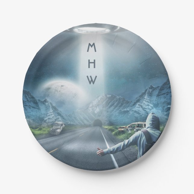 UFO Hitchhiker custom monogram paper plates (Front)