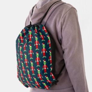 UFO Ho Ho Father Christmas alien Patterned Drawstring Bag