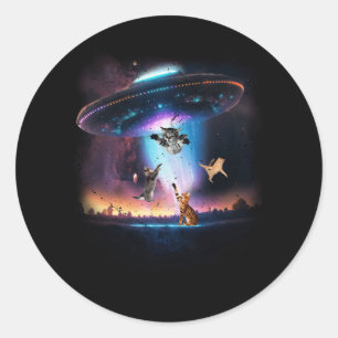 UFO Holding Cats Sci-fi ALien Space Galaxy Cat Lov Classic Round Sticker