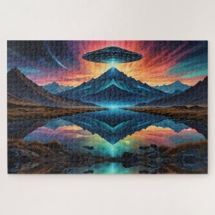 UFO hovers over Colorful Mountains and Lake Jigsaw Puzzle