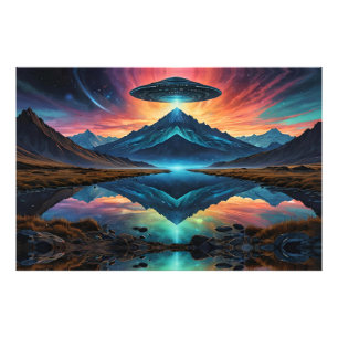 UFO hovers over Colorful Mountains and Lake Photo Print