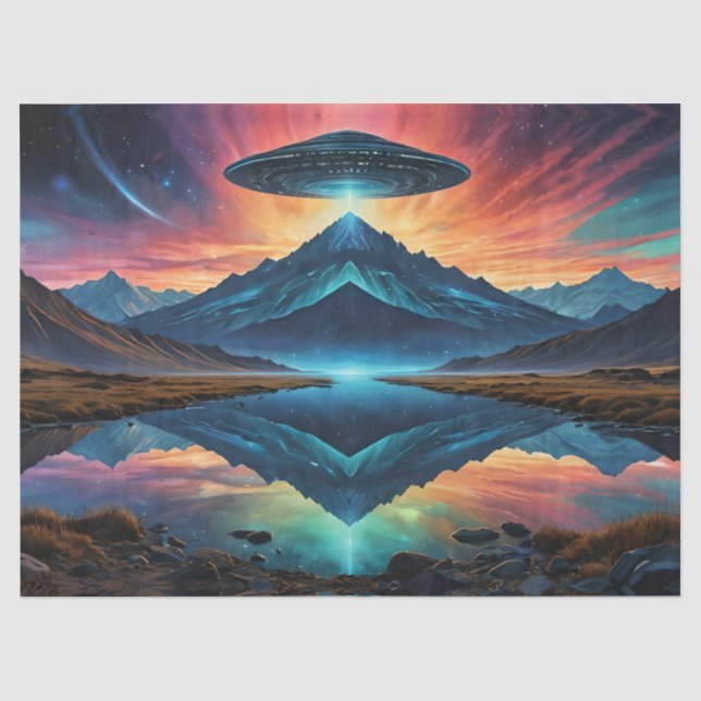 UFO hovers over Colorful Mountains and Lake Tissue Paper (Front)