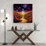 UFO In Fantasy World Canvas Print<br><div class="desc">Enter a fantasy world where UFO's hover above colorful landscapes surrounded by beautiful and colorful  planets.</div>