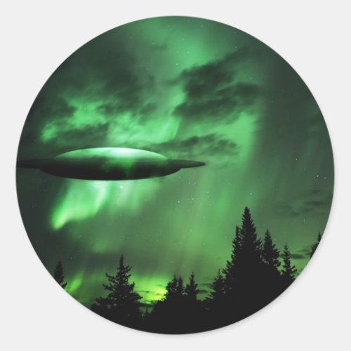 UFO in green clouds Classic Round Sticker
