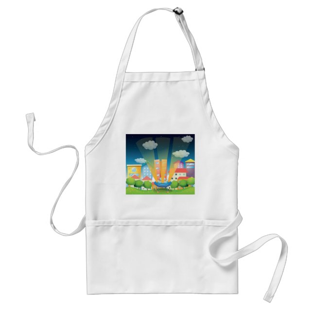 UFO Landing in a Bright City Night Scene Adult Apron (Front)