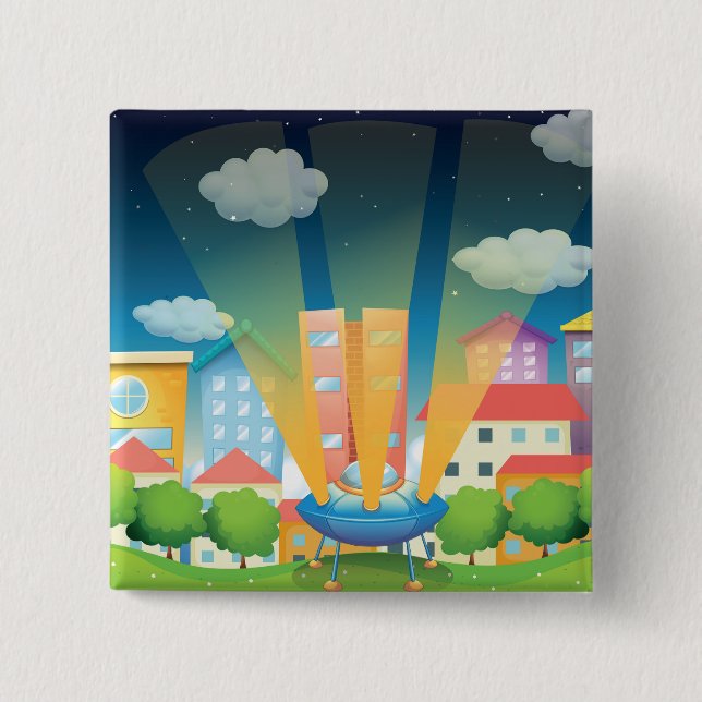UFO Landing in a Bright City Night Scene Button (Front)