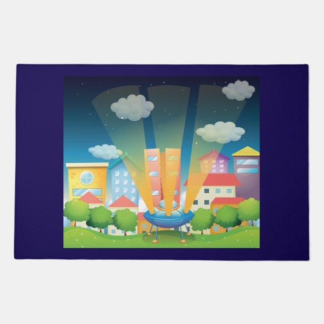 UFO Landing in a Bright City Night Scene Doormat (Front)