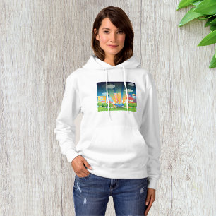 UFO Landing in a Bright City Night Scene Hoodie