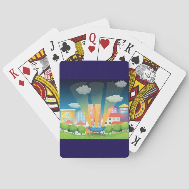 UFO Landing in a Bright City Night Scene Poker Cards (Back)