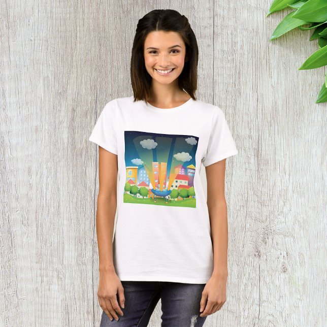UFO Landing in a Bright City Night Scene T-Shirt (Creator Uploaded)
