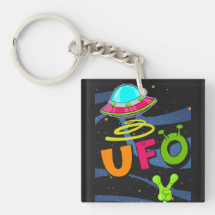 ufo on space say hello keychain