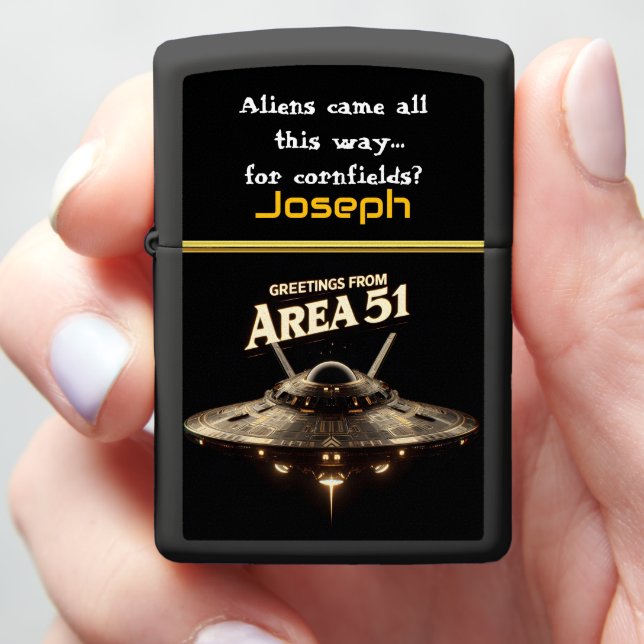UFO Over Area 51 at Dusk Zippo Lighter (In Hand)