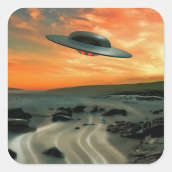 Ufo Over Coast Square Sticker by CaptainScratch at Zazzle