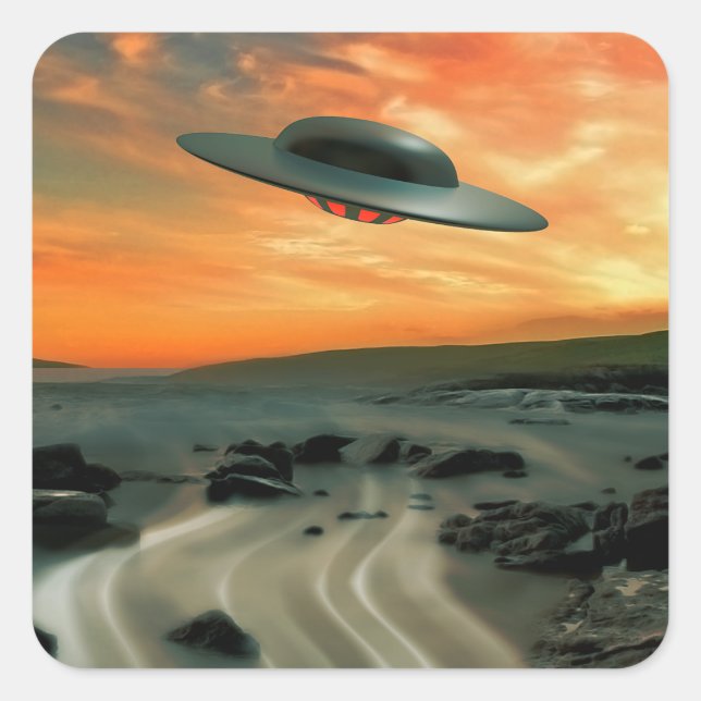 UFO Over Coast Square Sticker (Front)
