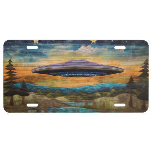 UFO OVER LAKE ART QUILT STYLE ALIEN SPACE LICENSE PLATE
