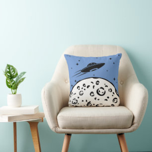 UFO over Moon Cornflower Blue Throw Pillow