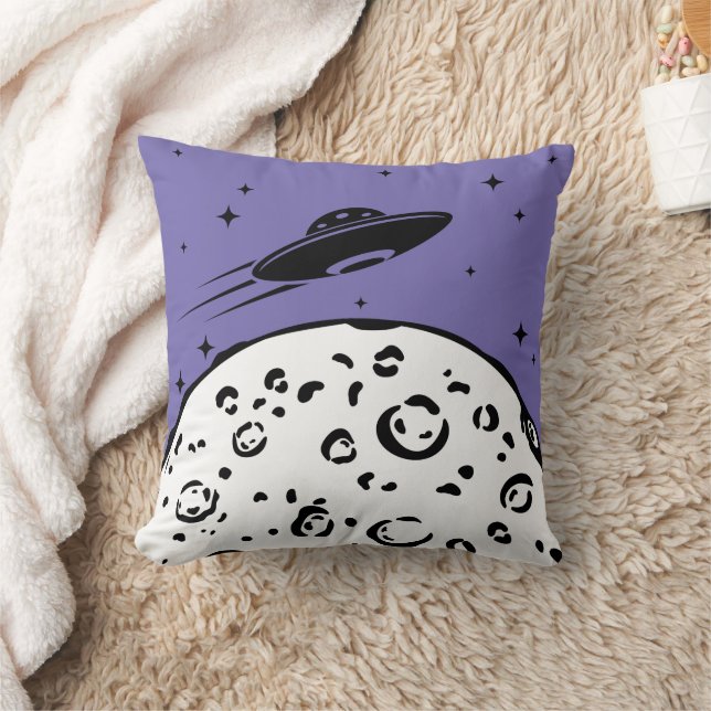 UFO over Moon Periwinkle Throw Pillow (Blanket)
