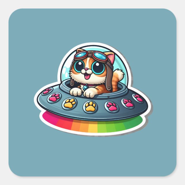 UFO Rainbow Cat Square Sticker (Front)