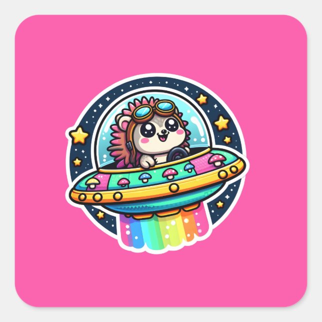 UFO Rainbow Hedgehog Square Sticker (Front)