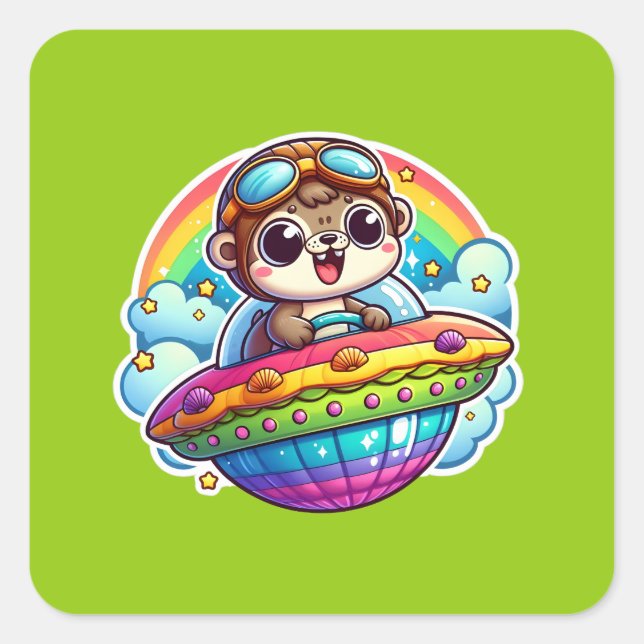 UFO Rainbow Otter Square Sticker (Front)