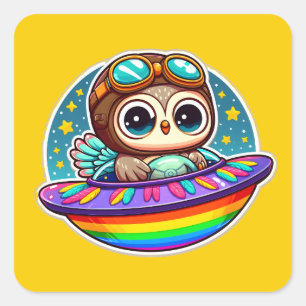 UFO Rainbow Owl Square Sticker