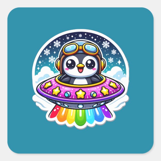 UFO Rainbow Penguin Square Sticker (Front)