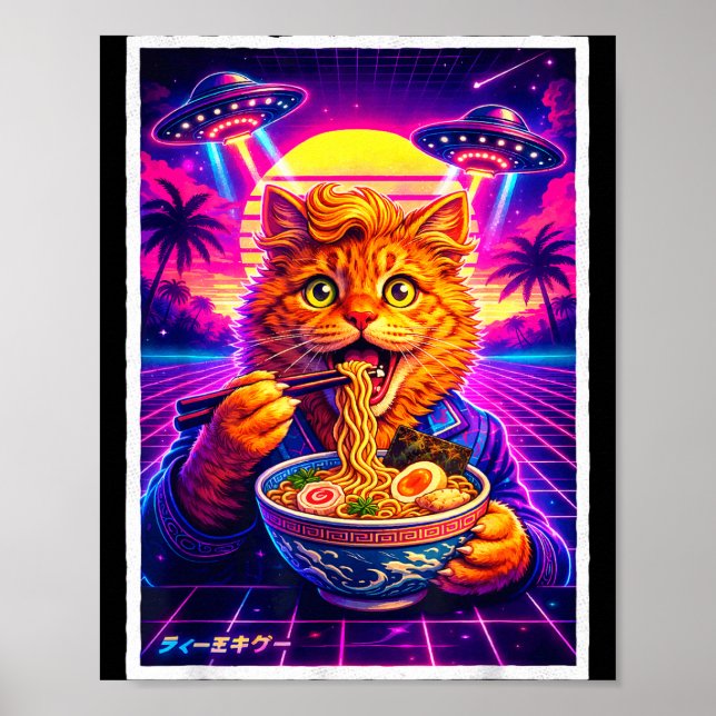 Ufo ramen cat meme retro synthwave 80s graphic poster (Front)