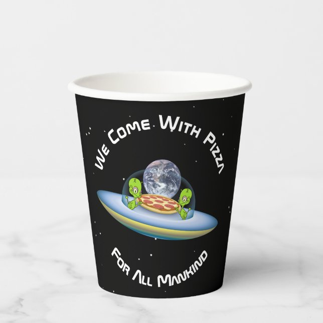 UFO Saucer Aliens Delivering Pizza to Earth Paper Cups (Front)