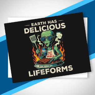 UFO Space BBQ Grill Earth Lifeforms Funny Alien Holiday Postcard