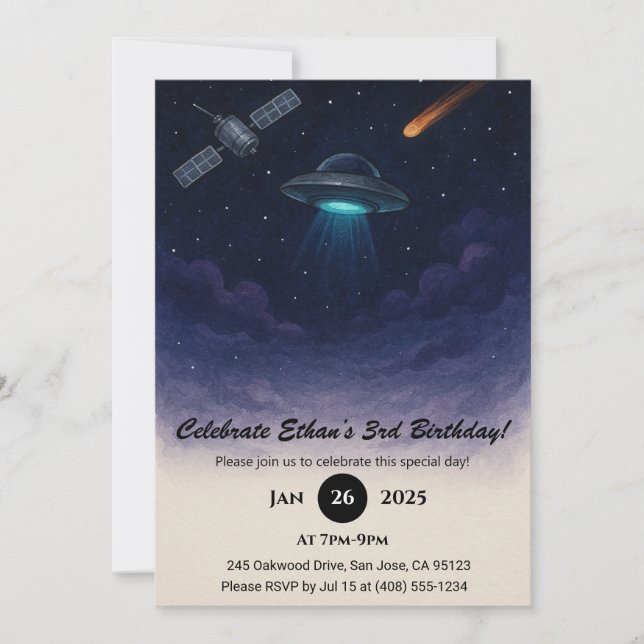 UFO Space Birthday  Invitation (Front)