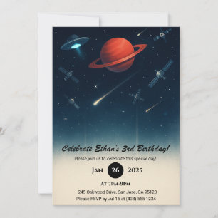 UFO & Space Station Galaxy Illustration Birthday  Invitation
