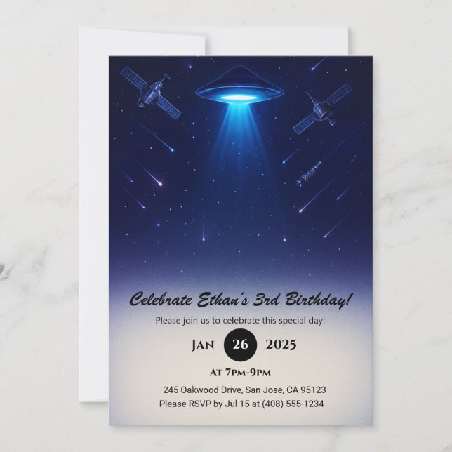 UFO Spotlight Meteor Space Illustration Birthday  Invitation (Front)
