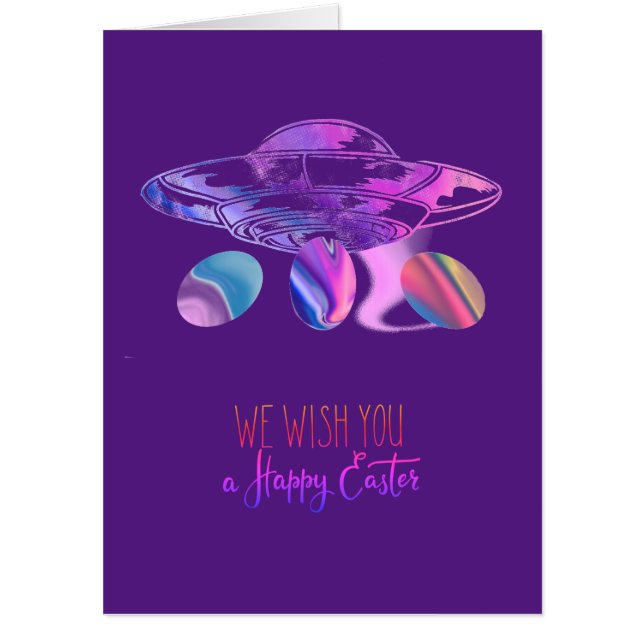 UFO with colorful eggs - Funny Easter Card (Front)