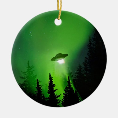 UFO with Northern Lights Ceramic Ornament