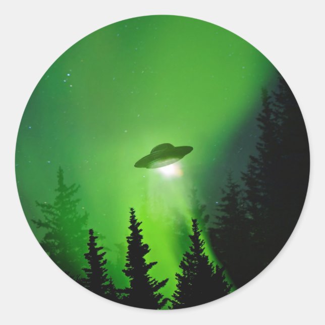 UFO with Northern Lights Classic Round Sticker (Front)