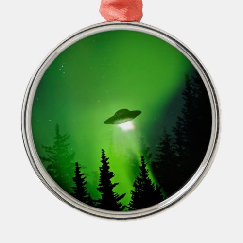 UFO with Northern Lights Metal Ornament